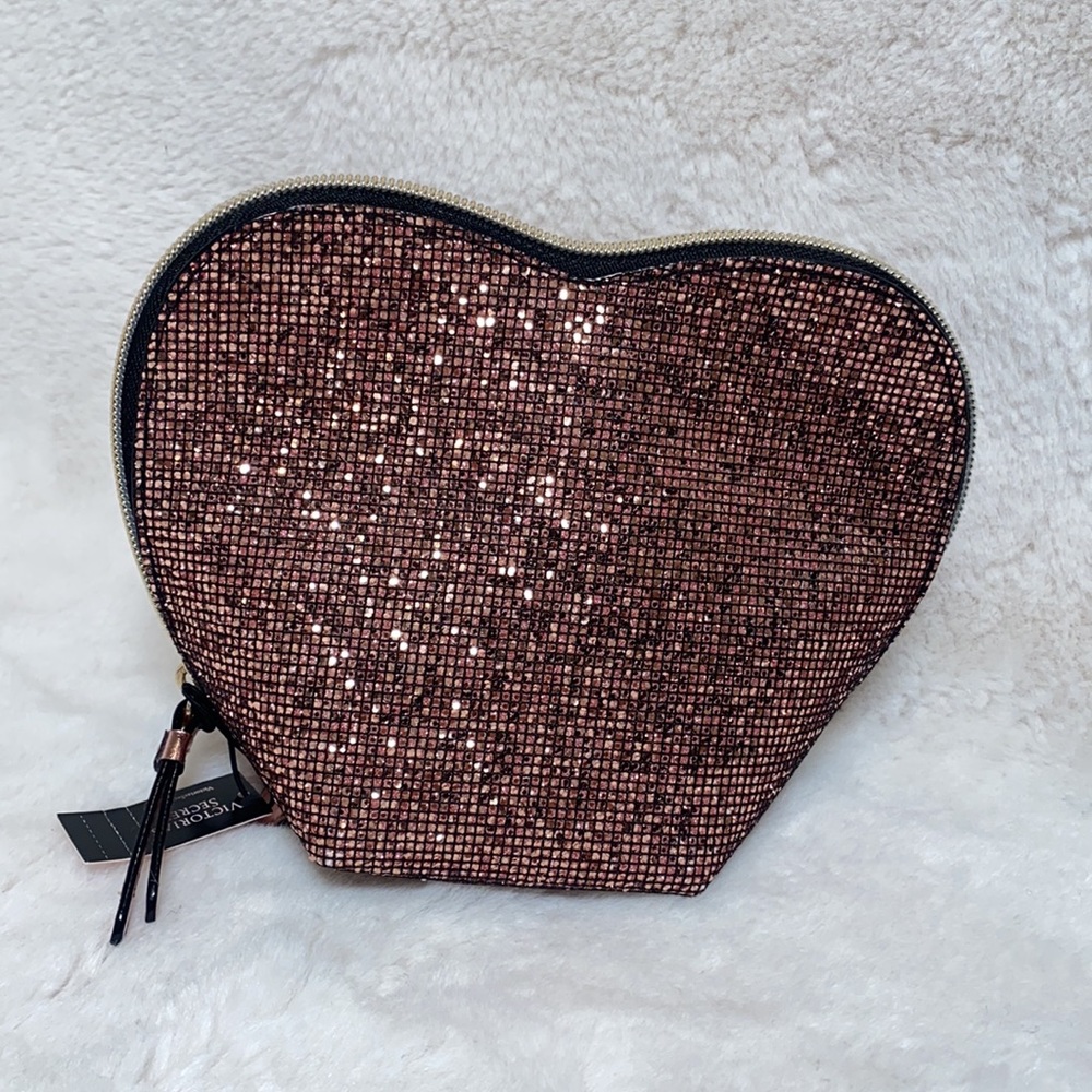 VICTORIAS SECRET PINK GLITTER SEQUIN HEART COSMETIC MAKEUP BAG - Picture 4 of 8